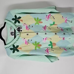 Storybook Knits Embellished Flamingo Ramie Cotton Sweater w Bead Trim